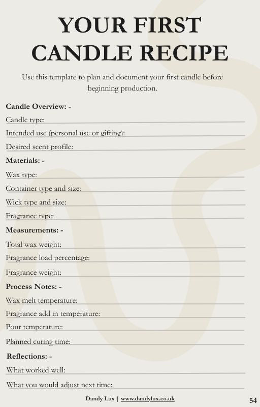 Template for planning and documenting a first candle recipe with a candle image on a white background.