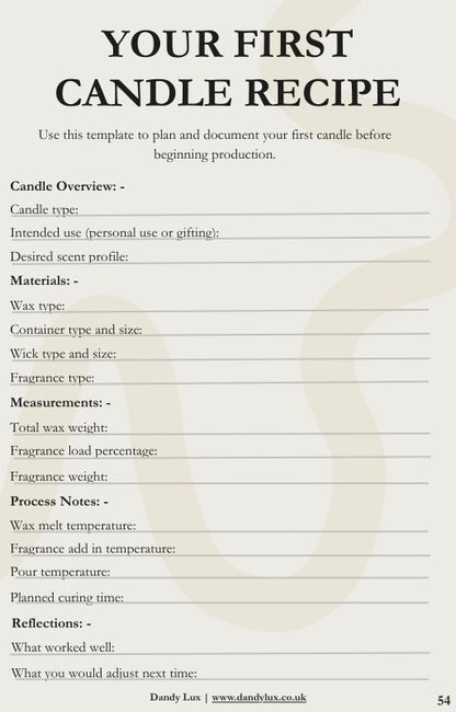 Template for planning and documenting a first candle recipe with a candle image on a white background.